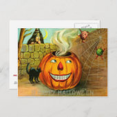 ハロウィーンのカボチャのちょうちんかぼちゃ黒猫スパイダーウェブ ポストカード (正面/裏面)