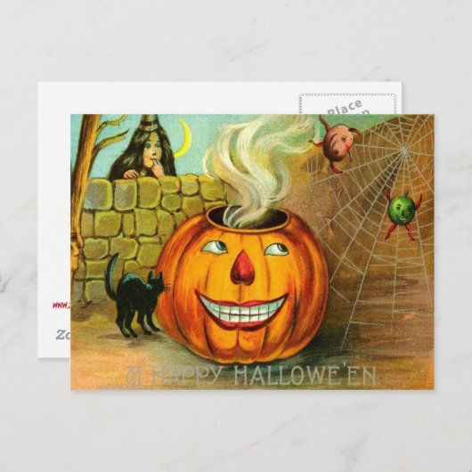 ハロウィーンのカボチャのちょうちんかぼちゃ黒猫スパイダーウェブ ポストカード (正面/裏面)