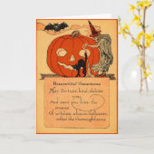 ハロウィーンのカボチャのちょうちんの魔法使いの黒猫のこうもりのヴィンテージ カード (黄色い花)