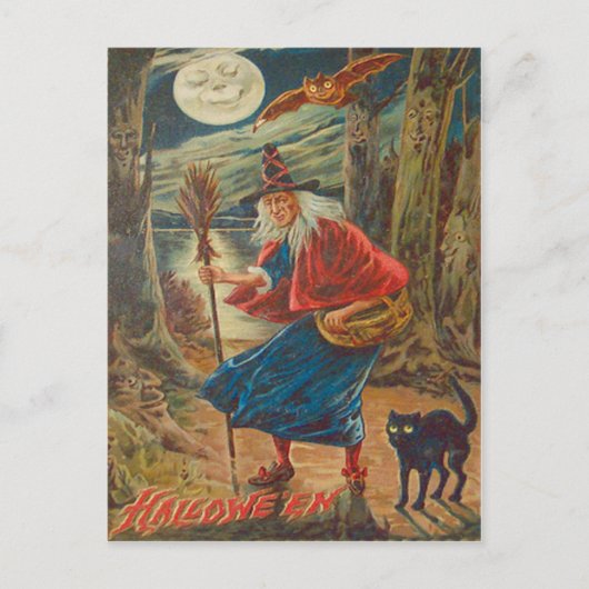 ハロウィーンのカボチャのちょうちんウィッチブラックキャットこうもりムーン ポストカード (正面)