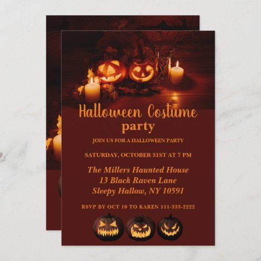 ハロウィーンのカボチャのちょうちんハローウィンパーティ 招待状 (正面/裏面)