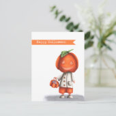 ハロウィーンのカボチャのちょうちんパンプキンヘッドボーイハッピーハローウィン ポストカード (スタンド正面)