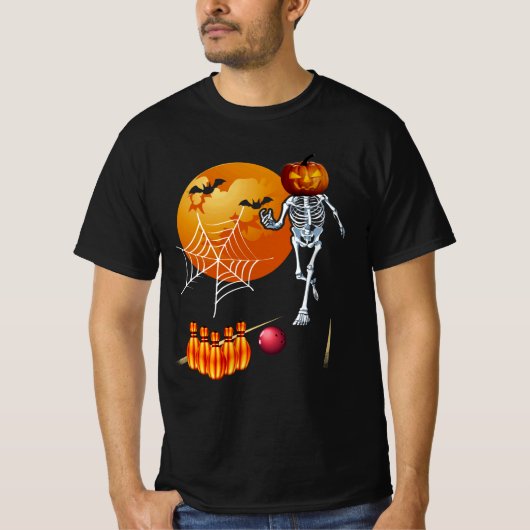 ハロウィーンのカボチャのちょうちんパンプキ遊ン骨格ボーリングハ Tシャツ (正面)