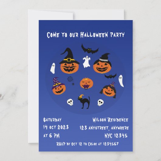 ハロウィーンのカボチャのちょうちんファミリーハ不気味ロウィーン 招待状 (正面)