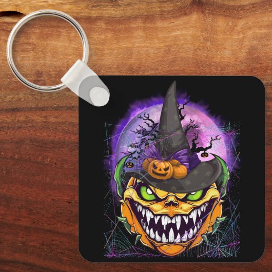 ハロウィーンのカボチャのちょうちん顔パンプキンウィッチハット怖いH キーホルダー (正面)