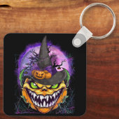 ハロウィーンのカボチャのちょうちん顔パンプキンウィッチハット怖いH キーホルダー (裏面)