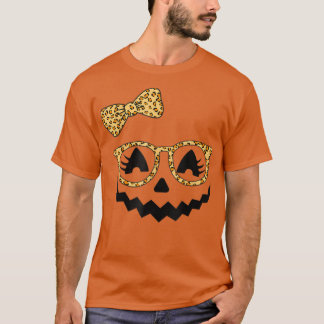 ハロウィーンのカボチャのちょうちん顔パンプキンハロウィンレオパードプリン Tシャツ