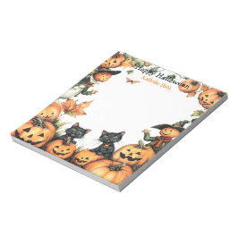ハロウィーンのカボチャのちょうちん、黒猫とかかしのハロウィン ノートパッド