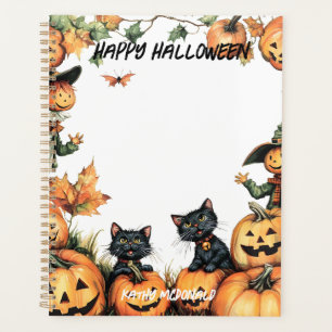 ハロウィーンのカボチャのちょうちん、黒猫とかかし プランナー手帳