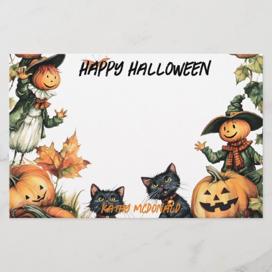 ハロウィーンのカボチャのちょうちん、黒猫とかかし 便箋 (正面)