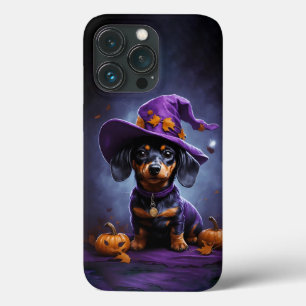 ハロウィーンのカボチャの携帯ケースを持つダシュント犬 iPhone 13 PROケース