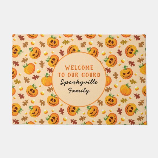 ハロウィーンのカボチャようこそ私たちの瓢箪に名前 ドアマット (正面)