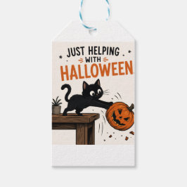 ハロウィーンのカボチャをひっくり返す黒猫の面白いイラスト ギフトタグ