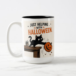 ハロウィーンのカボチャをひっくり返す黒猫の面白いイラスト ツートーンマグカップ
