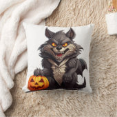 ハロウィーンのカボチャを持つ怖い漫画の狼 クッション (ブランケット)