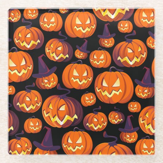 ハロウィーンのカボチャ不気味：シームレスなパターン。 ガラスコースター (正面)