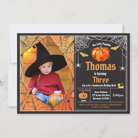 ハロウィーンのカボチャ子供の誕生日パーティーの写真 招待状 (正面)