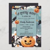 ハロウィーンのカボチャ小さなブーブベイビーシャワーかわいい 招待状 (正面/裏面)