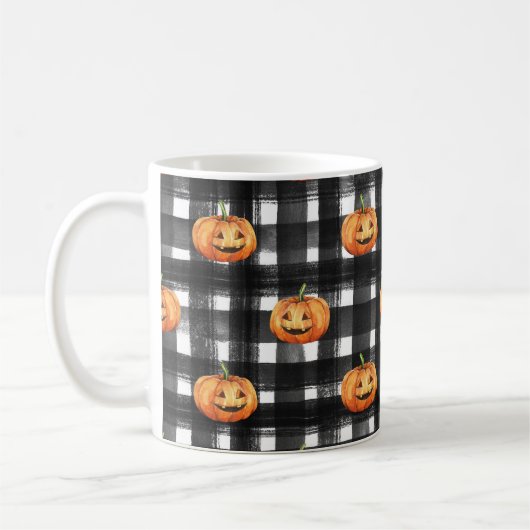 ハロウィーンのカボチャ市松模様に:チャーム。 コーヒーマグカップ (左)