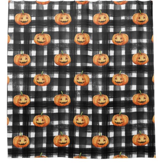 ハロウィーンのカボチャ市松模様に:チャーム。 シャワーカーテン (正面)