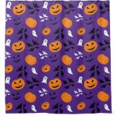 ハロウィーンのカボチャ幽霊こうもりおもしろい紫パターン シャワーカーテン (正面)