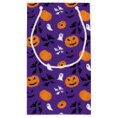 ハロウィーンのカボチャ幽霊こうもりおもしろい紫パターン スモールペーパーバッグ (裏面)
