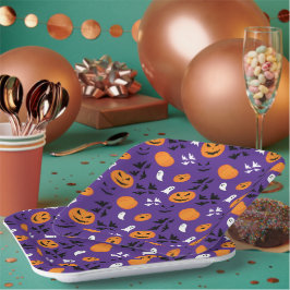 ハロウィーンのカボチャ幽霊こうもりおもしろい紫パターン ペーパープレート