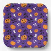 ハロウィーンのカボチャ幽霊こうもりおもしろい紫パターン ペーパープレート (正面)
