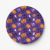 ハロウィーンのカボチャ幽霊こうもりおもしろい紫パターン ペーパープレート (正面)