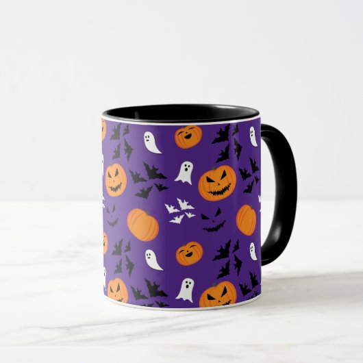 ハロウィーンのカボチャ幽霊こうもりおもしろい紫パターン マグカップ (正面右)