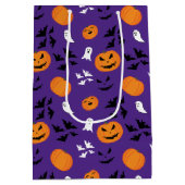 ハロウィーンのカボチャ幽霊こうもりおもしろい紫パターン ミディアムペーパーバッグ (裏面)