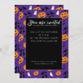 ハロウィーンのカボチャ幽霊こうもりおもしろい紫パターン 招待状 (正面/裏面)