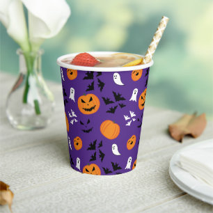 ハロウィーンのカボチャ幽霊こうもりおもしろい紫パターン 紙コップ