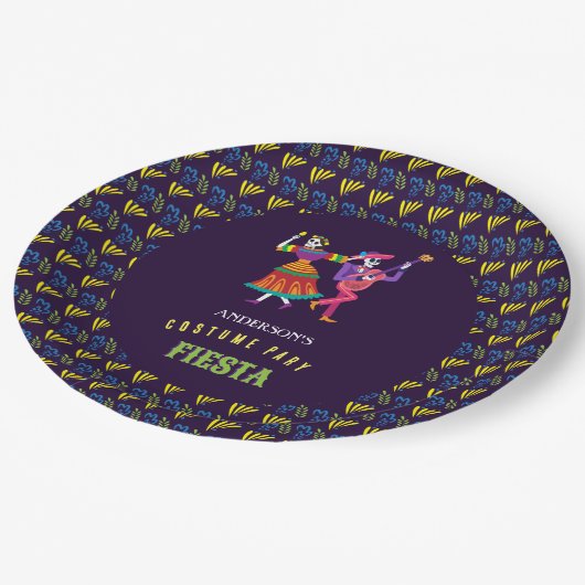 ハロウィーンのカラフル衣装パーティー・デ・ロス・ミュートス ペーパープレート (アングル)