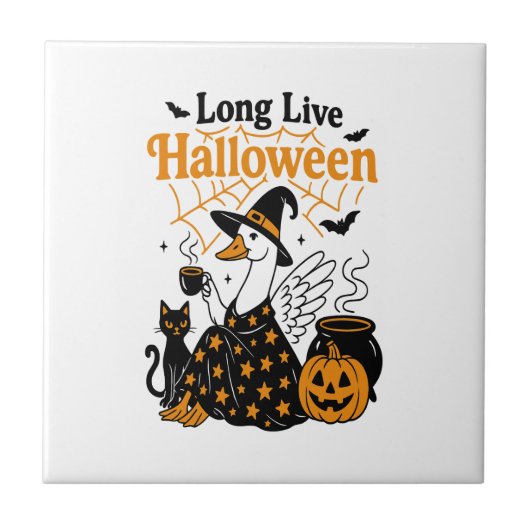 ハロウィーンのガチョウ魔女万歳 タイル (正面)
