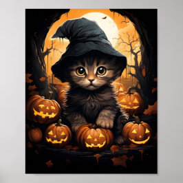 ハロウィーンのキットン葉ウィッチとカボチャ ポスター