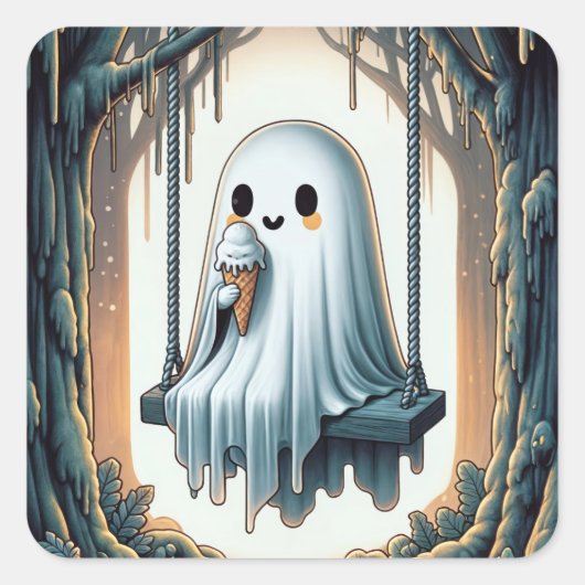 ハロウィーンのキャラクターの幽霊とアイスクリームコーン スクエアシール (正面)