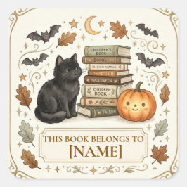 ハロウィーンのキュートな黒猫のブックプレート スクエアシール