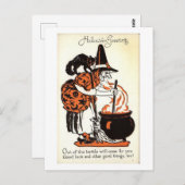ハロウィーンのグリーティングウィッチとケトルヴィンテージ ポストカード (正面/裏面)