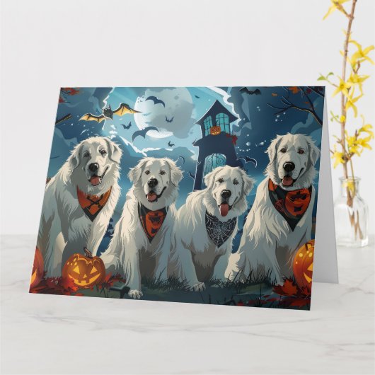 ハロウィーンのグレートピレネー犬 スプーキー カード (黄色い花)