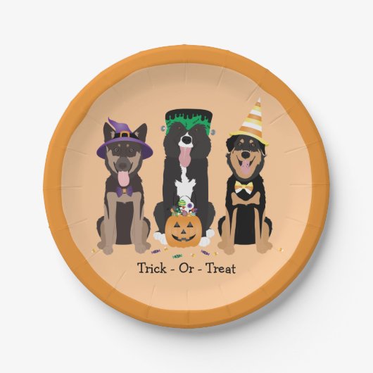 ハロウィーンのコスチュームで犬をトリックまたは治療する ペーパープレート (正面)