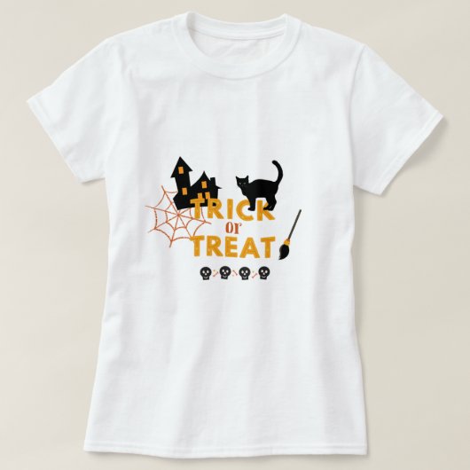 ハロウィーンのコスチュームのトリックまたは女性のファッション Tシャツ (デザイン正面)