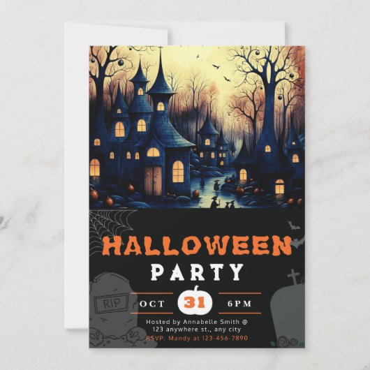 ハロウィーンのスケアリーストリートとカボチャ 招待状 (正面)