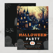 ハロウィーンのスケアリーストリートとカボチャ 招待状 (正面/裏面)