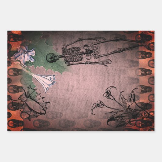 ハロウィーンのスケルトンと白のカラライエフエメラ ラッピングペーパーシート (正面3)