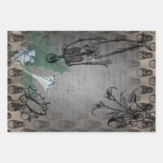 ハロウィーンのスケルトンと白のカラライエフエメラ ラッピングペーパーシート (正面)