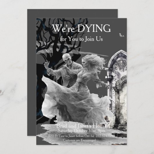 ハロウィーンのスケルトンのカップルの衣装パーティー 招待状 (正面/裏面)