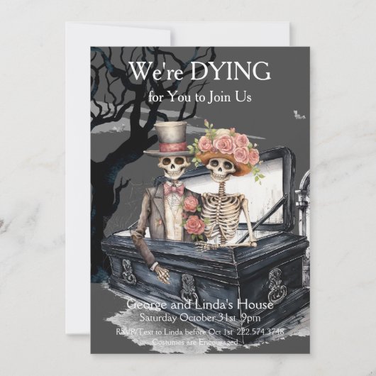 ハロウィーンのスケルトンのカップルの衣装パーティー 招待状 (正面)