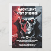 ハロウィーンのスケルトンのヒットマンスカル顔白熱［赤熱］光を放つの目 招待状 (正面)