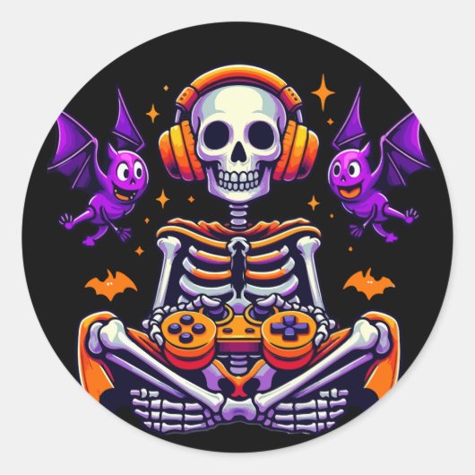 ハロウィーンのスケルトンゲーマーのビデオゲーム ラウンドシール (正面)